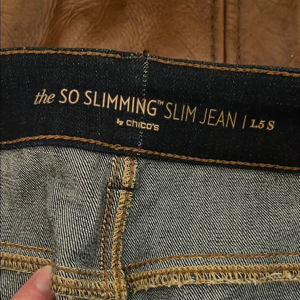 Chico's Blue Slim Jeans with Gold Stitching